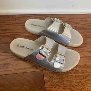 Wild Diva Dual Buckle Iridescent Silver Sandals